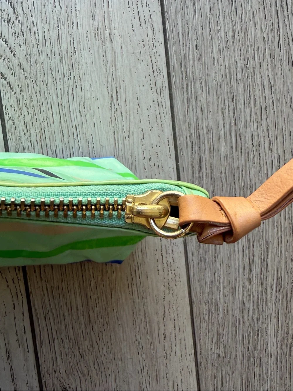 Tory Burch Neon Green and Blue Striped Zip Pouch